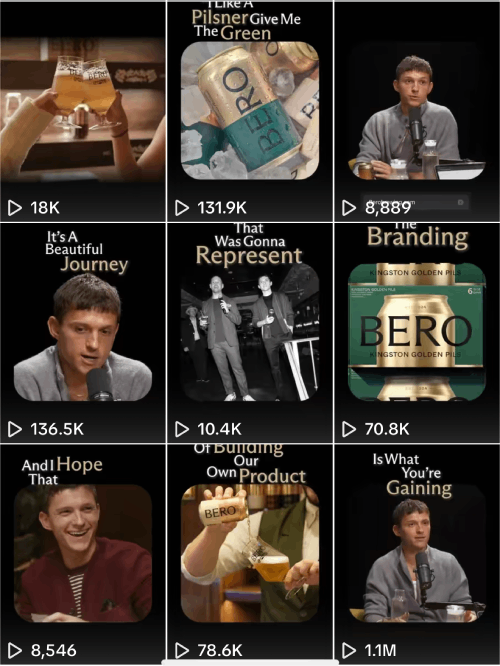 BERO creator content grid showing multiple high-performing edits.